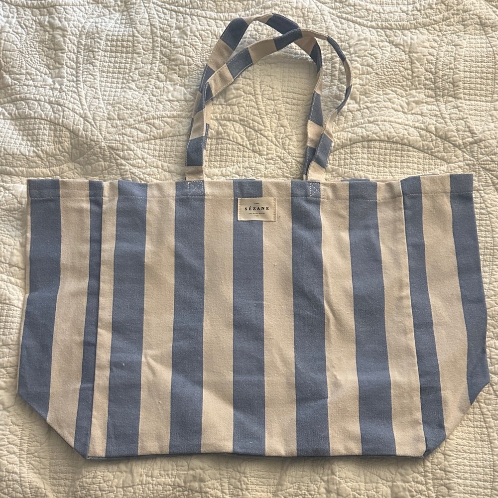 Sezane Blue and Cream Striped Tote Bag